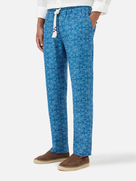 Pantalone Calais in lino fantasia sashiko blu
