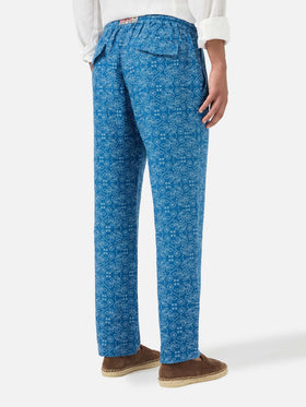 Pantalone Calais in lino fantasia sashiko blu