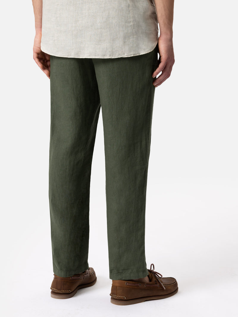 Military green linen pants Calais with drawstring