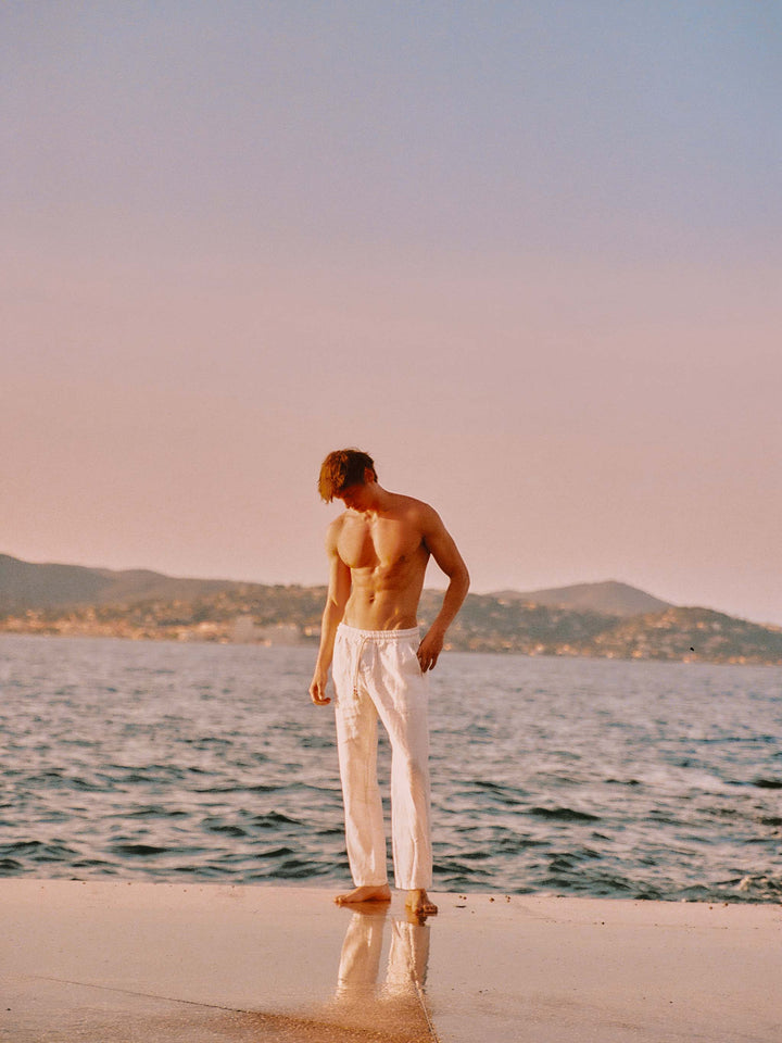 Pantalones largos White Calais en lino puro 