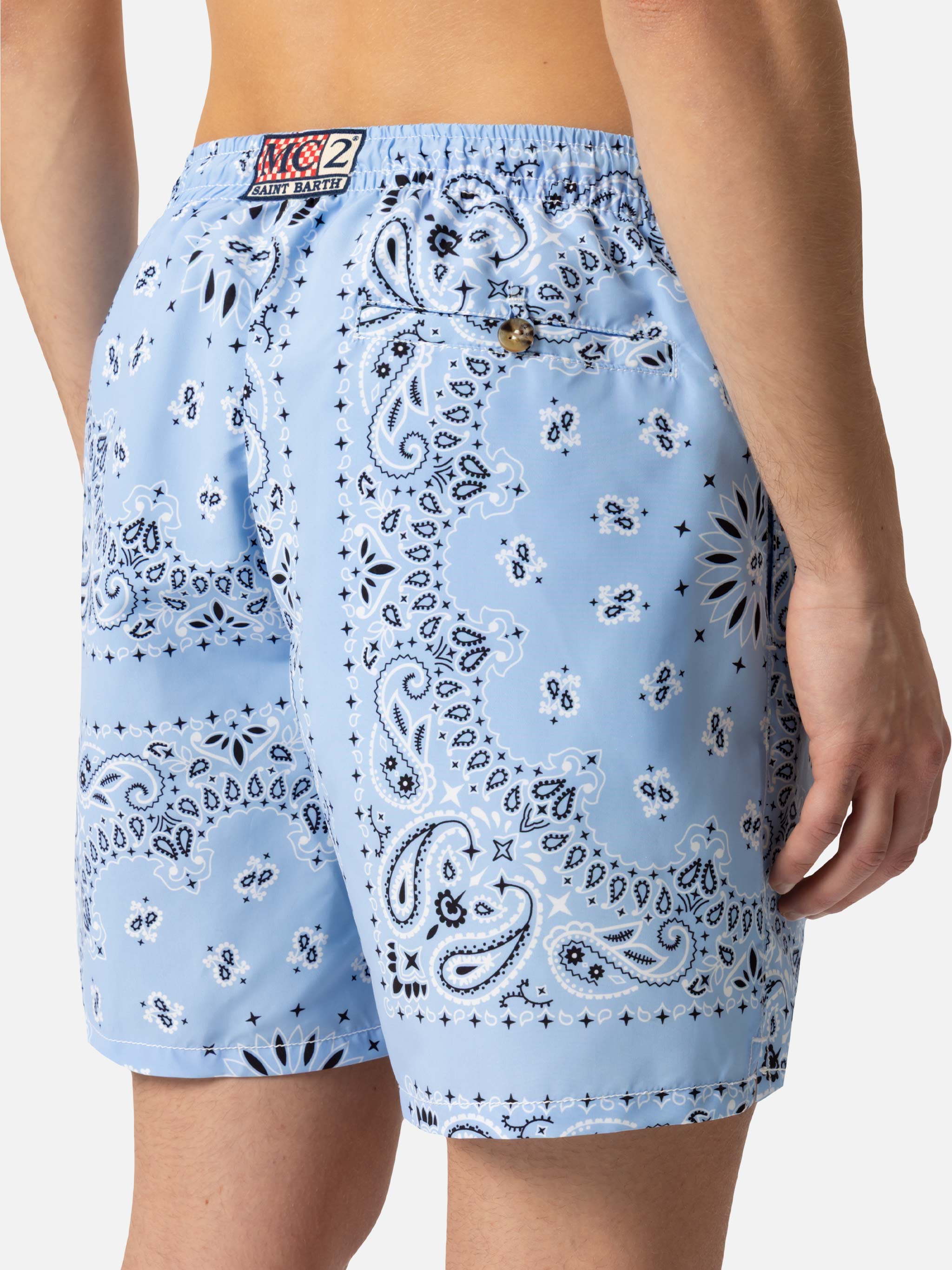 Mid-length swim-shorts Caprese with sky blue bandana print – MC2