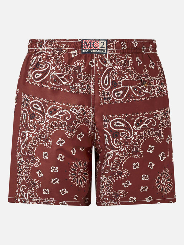 Man swim shorts with burgundy bandanna print