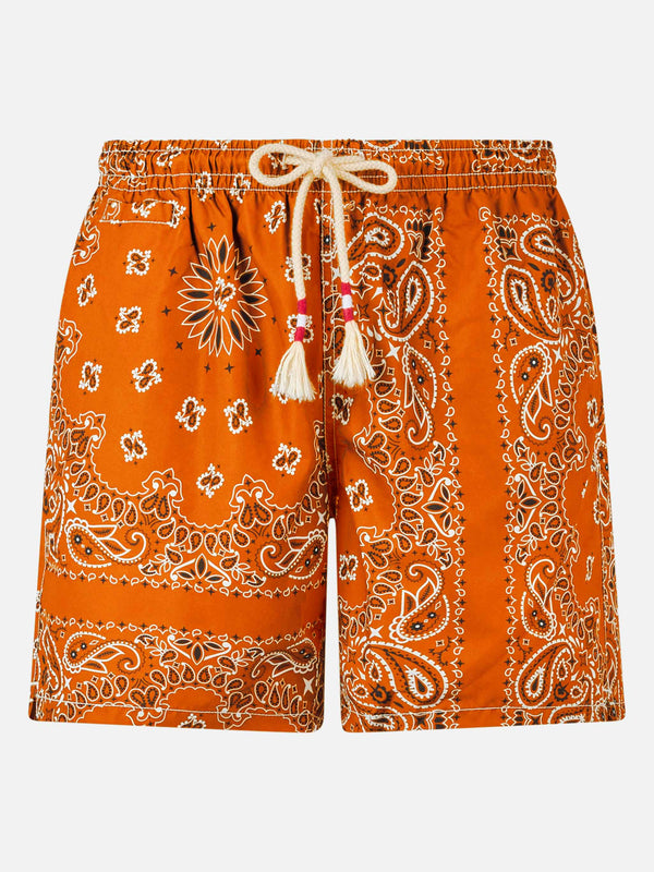 Man swim shorts with orange bandanna print