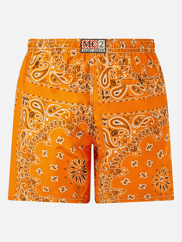 Man swim shorts with orange bandanna print