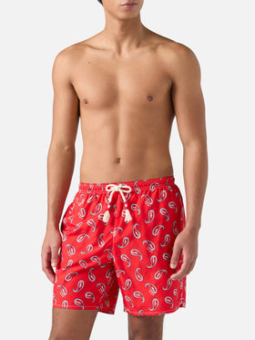 Mid-length swim-shorts Caprese with red paisley print