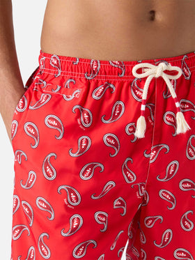 Mid-length swim-shorts Caprese with red paisley print