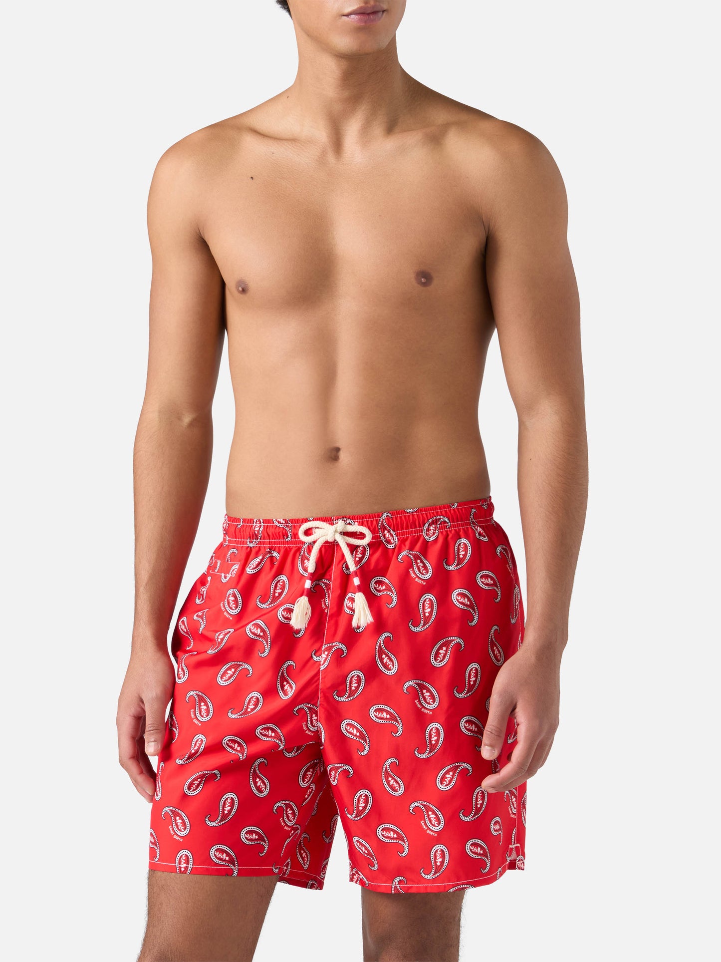 Mid-length swim-shorts Caprese with red paisley print