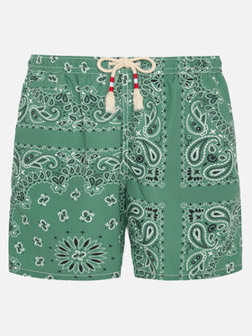 Mid-length swim-shorts Caprese with military green bandanna print