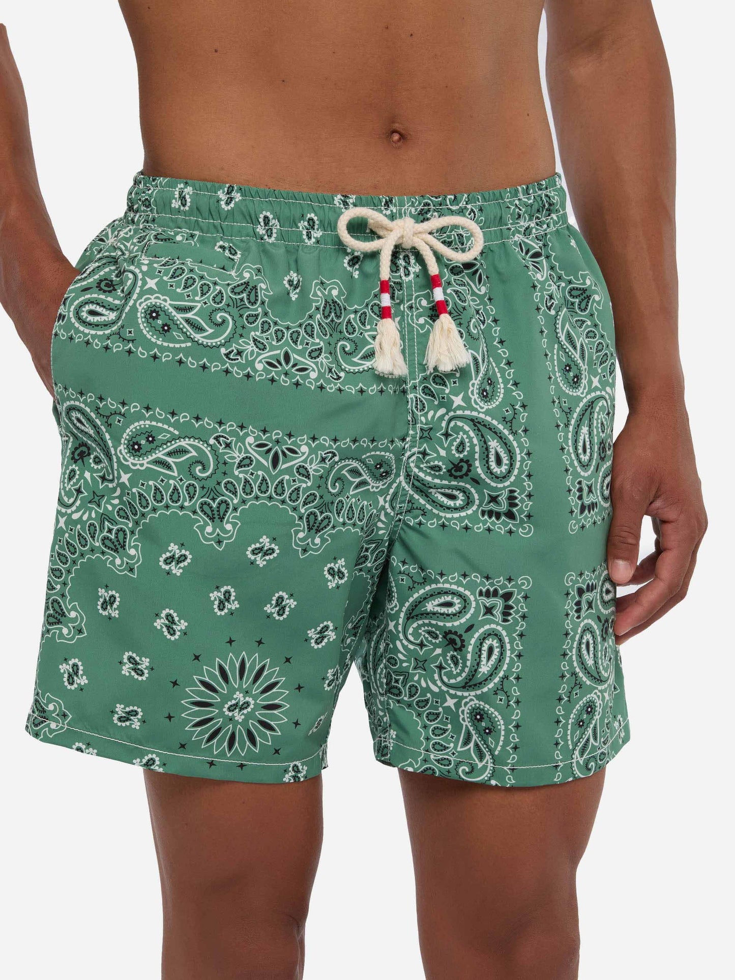 Mid-length swim-shorts Caprese with military green bandanna print