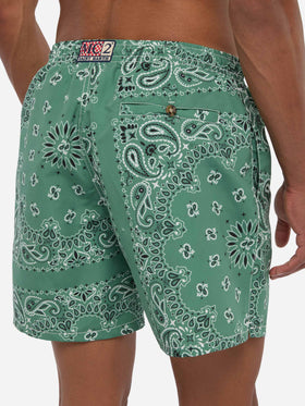 Mid-length swim-shorts Caprese with military green bandanna print