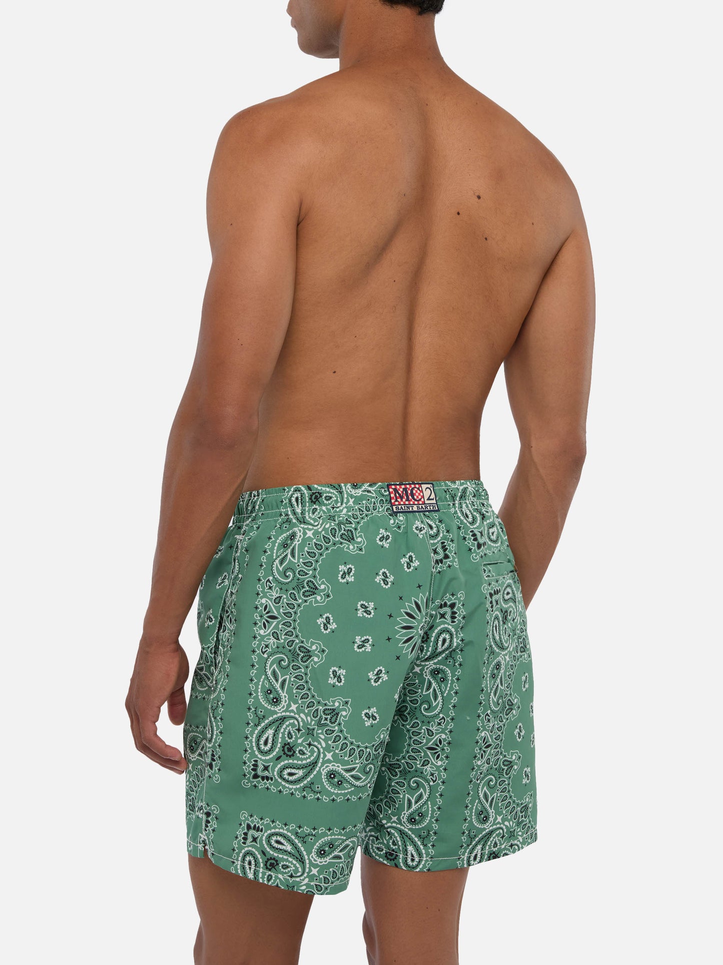 Mid-length swim-shorts Caprese with military green bandanna print