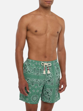 Mid-length swim-shorts Caprese with military green bandanna print
