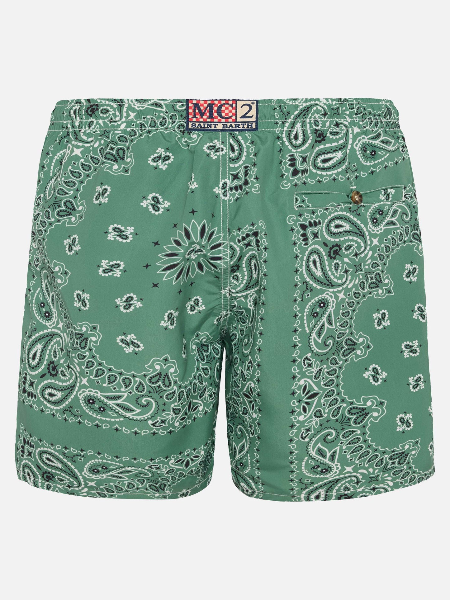 Mid-length swim-shorts Caprese with military green bandanna print