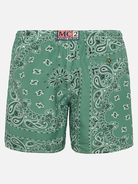 Mid-length swim-shorts Caprese with military green bandanna print