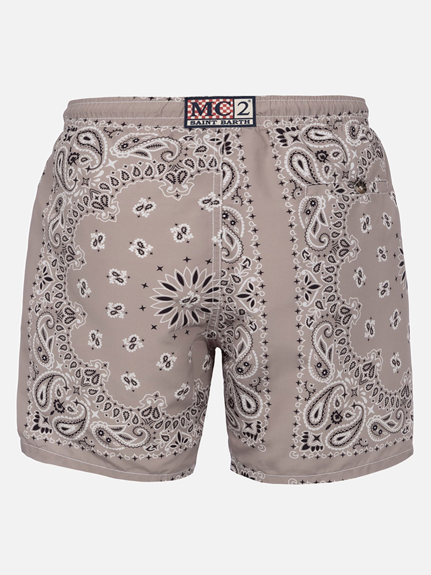 Mid-length swim-shorts Caprese with beige bandanna print