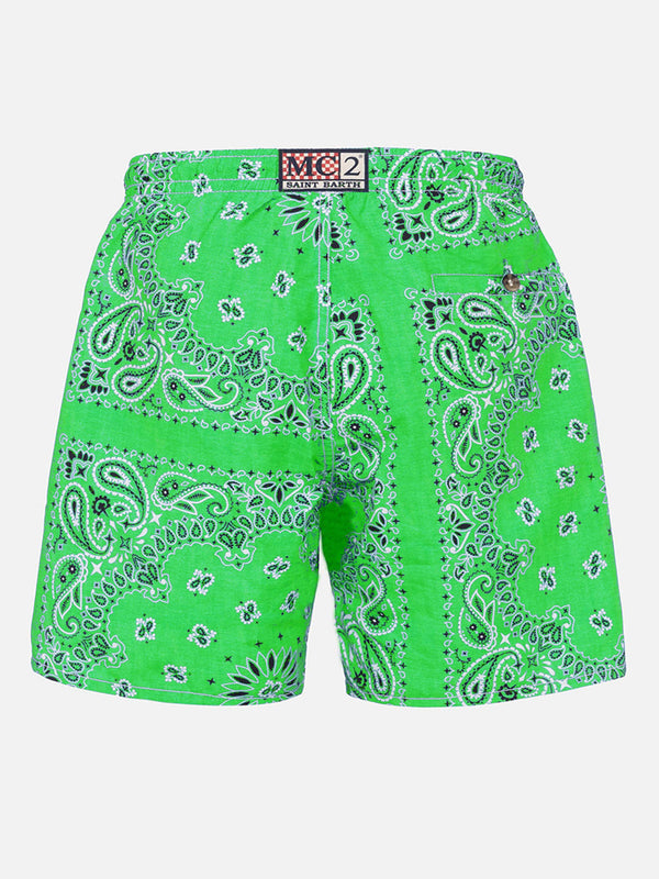 Man swim shorts with green bandanna print