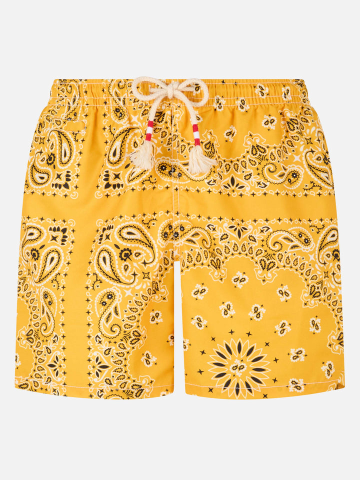Man swim shorts with ochre bandanna print
