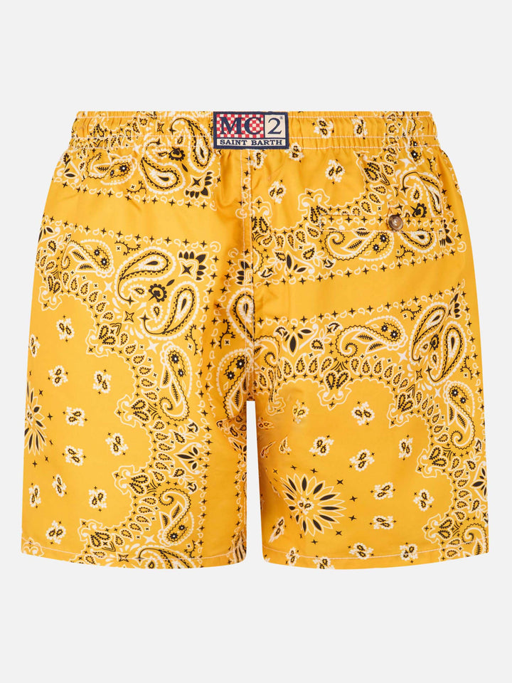Man swim shorts with ochre bandanna print