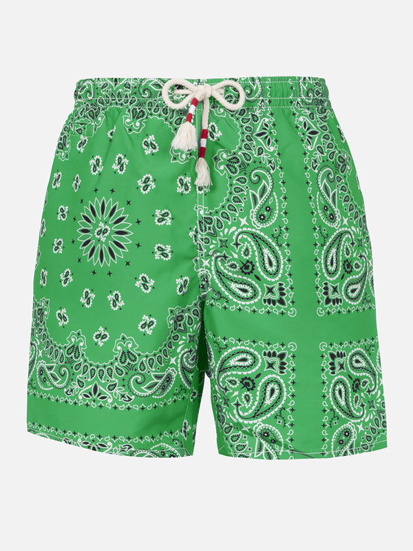 Man swim shorts with green bandanna print