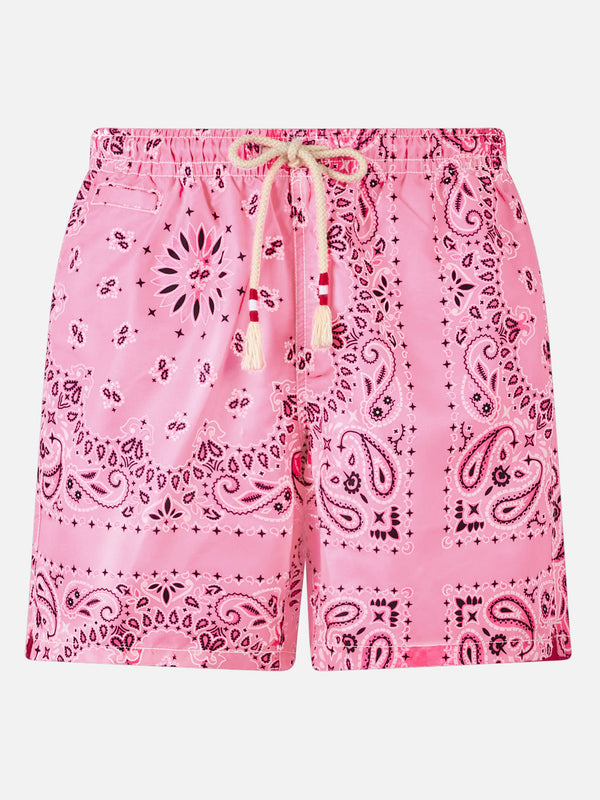 Man swim shorts with pink bandanna print