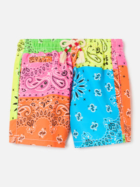 Costume da bagno da bambino con stampa bandana multicolore fluo
