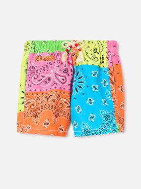 Costume da bagno da bambino con stampa bandana multicolore fluo
