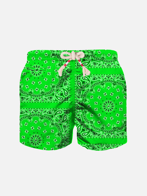 Boy fluo green swim shorts with bandanna print - MC2 Saint Barth