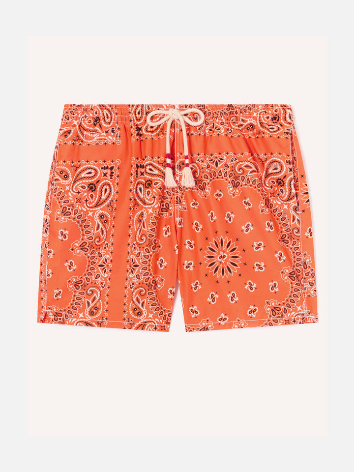 Boy swim shorts with orange bandanna print