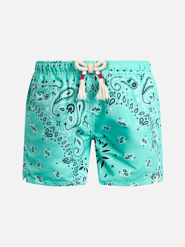 Boy mid-length swim-shorts Caprese Jr with water green bandanna print