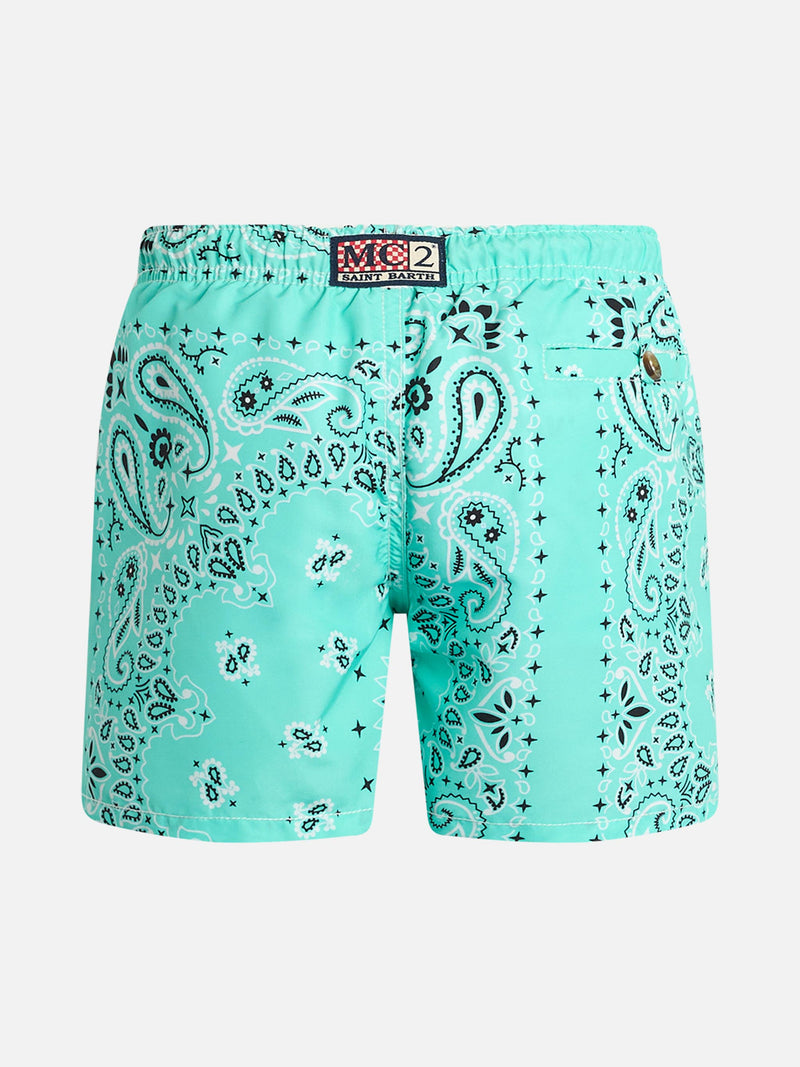 Boy mid-length swim-shorts Caprese Jr with water green bandanna print