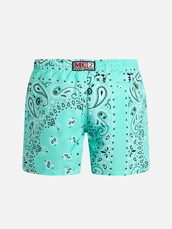 Boy mid-length swim-shorts Caprese Jr with water green bandanna print