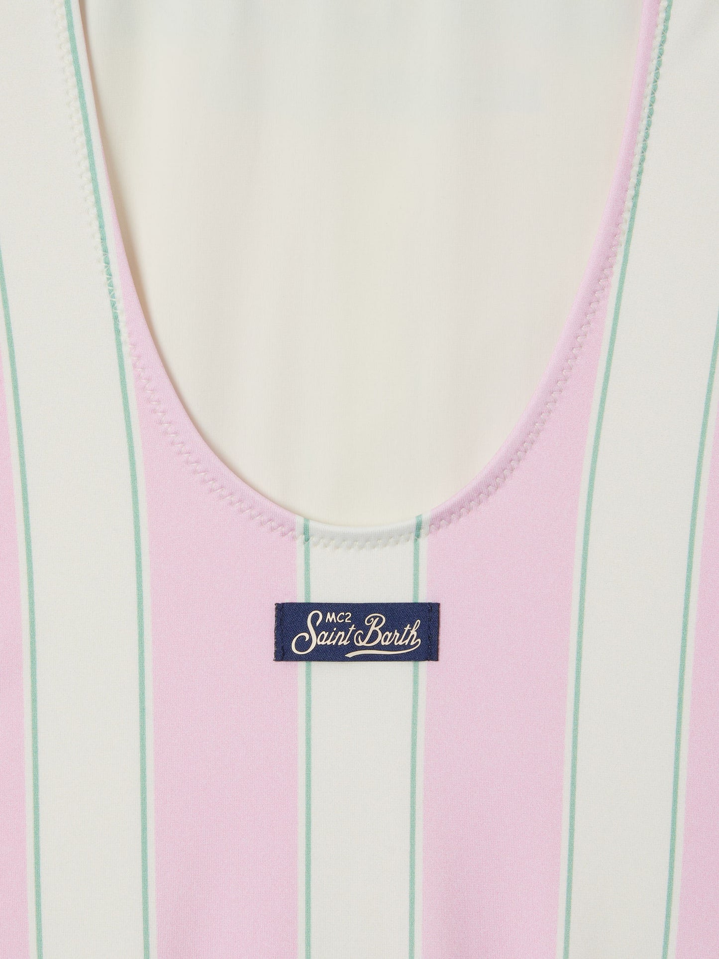 Cara pink and white striped one-piece swimsuit with Beach Club print