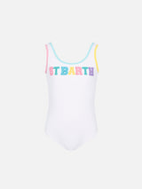 Cara white ribbed one-piece swimsuit with multicolor logo patch