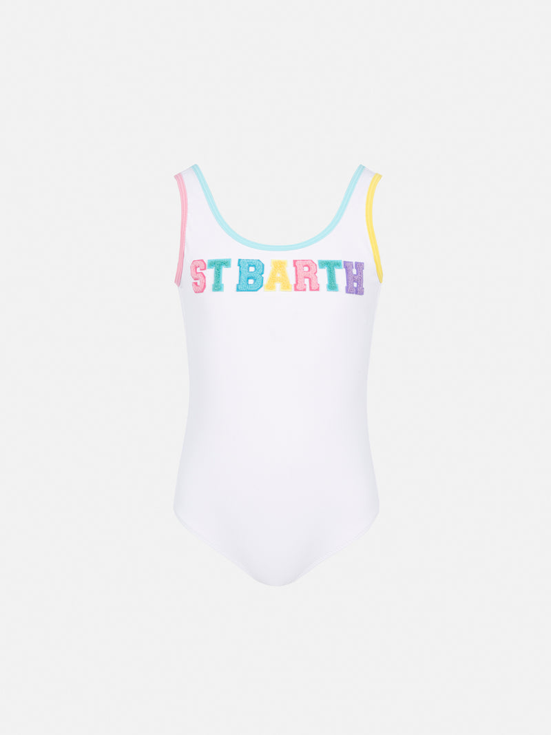 Cara white ribbed one-piece swimsuit with multicolor logo patch