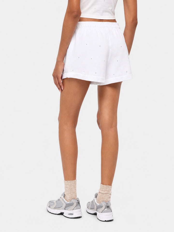 Cate shorts in cotone bianco con applicazioni di strass a righe