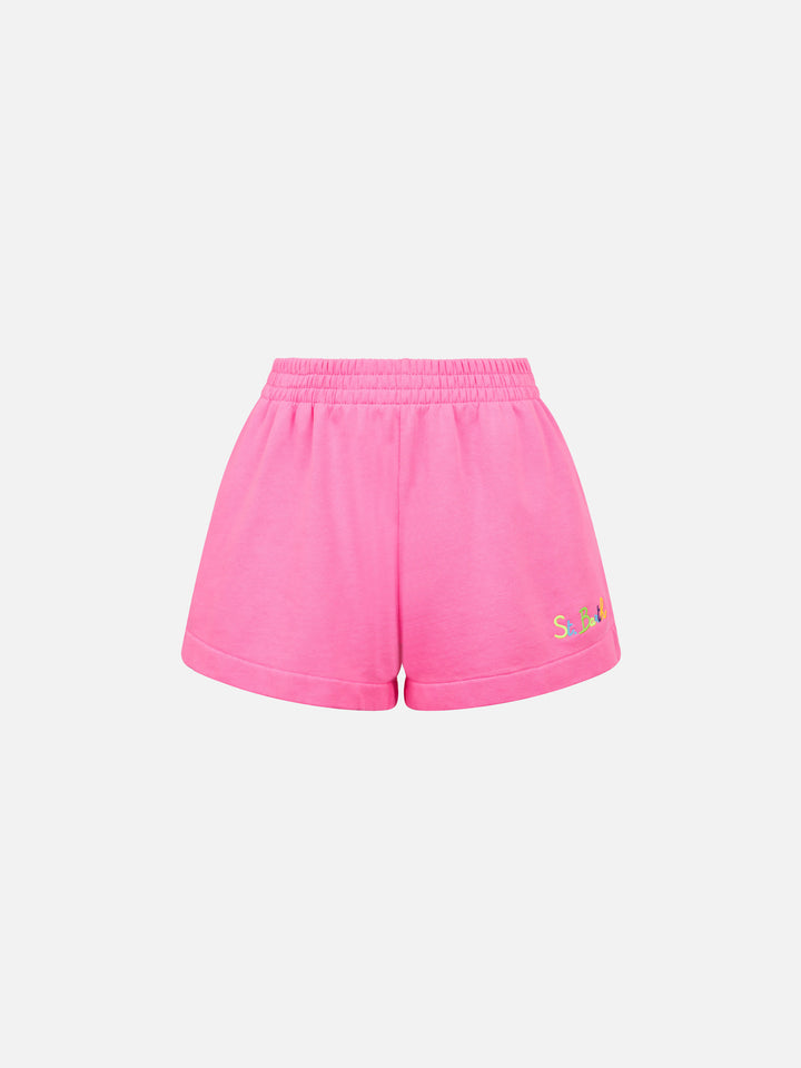 Cate fluo pink cotton shorts with St. Barth embroidery