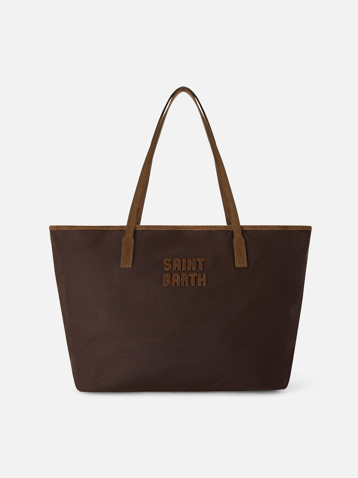 Braune gewachste Large City Bag mit Logo-Stickerei 
