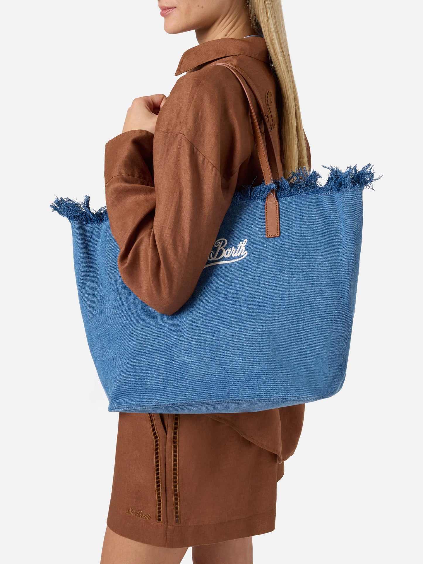 Borsa City regular in tessuto denim con frange