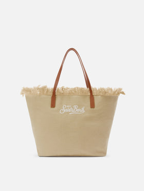 Borsa City regular in canvas beige con frange