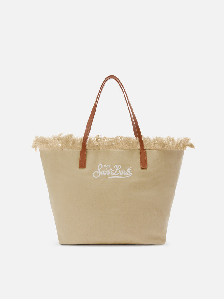 Borsa City regular in canvas beige con frange