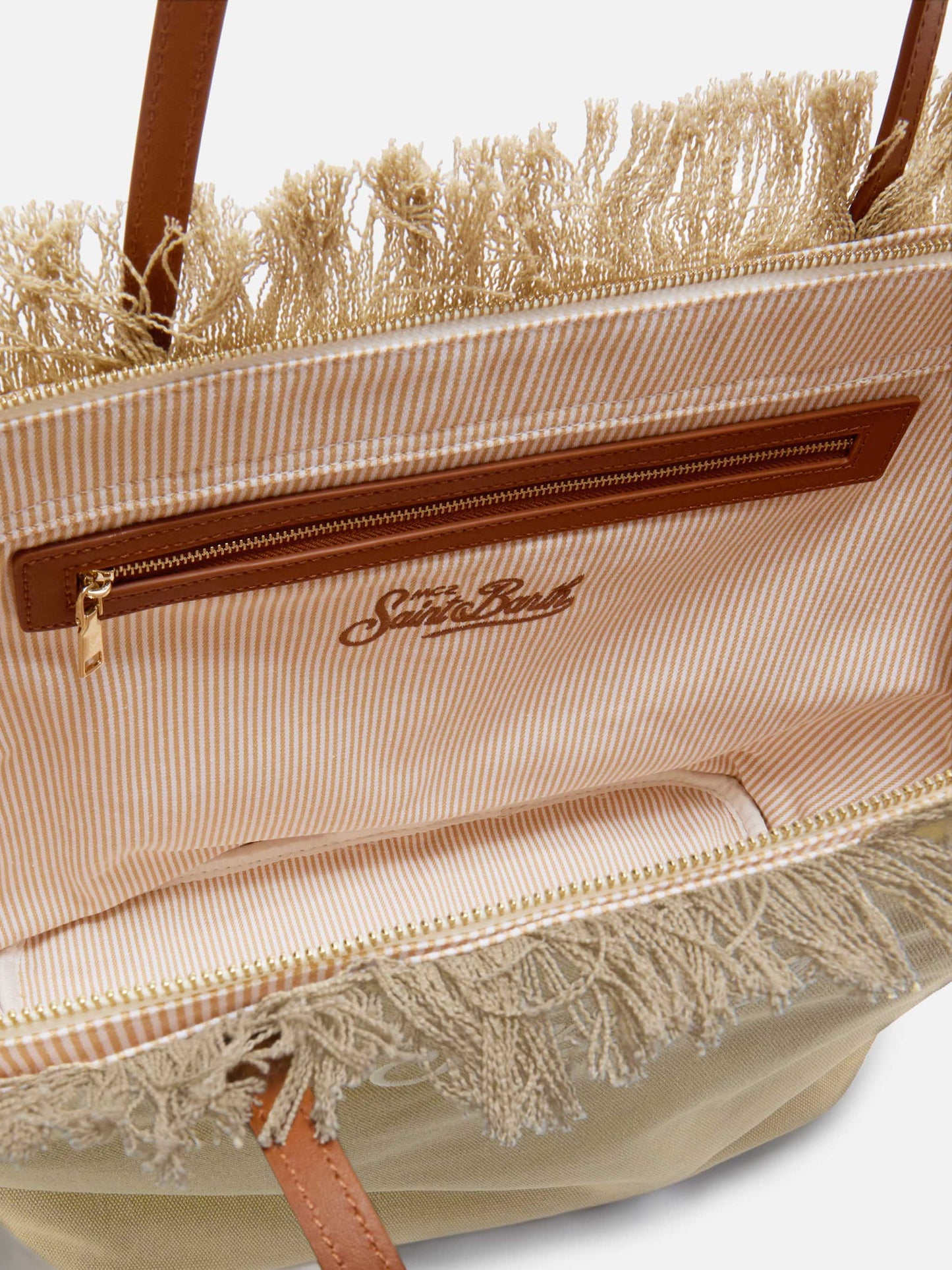 Borsa City regular in canvas beige con frange