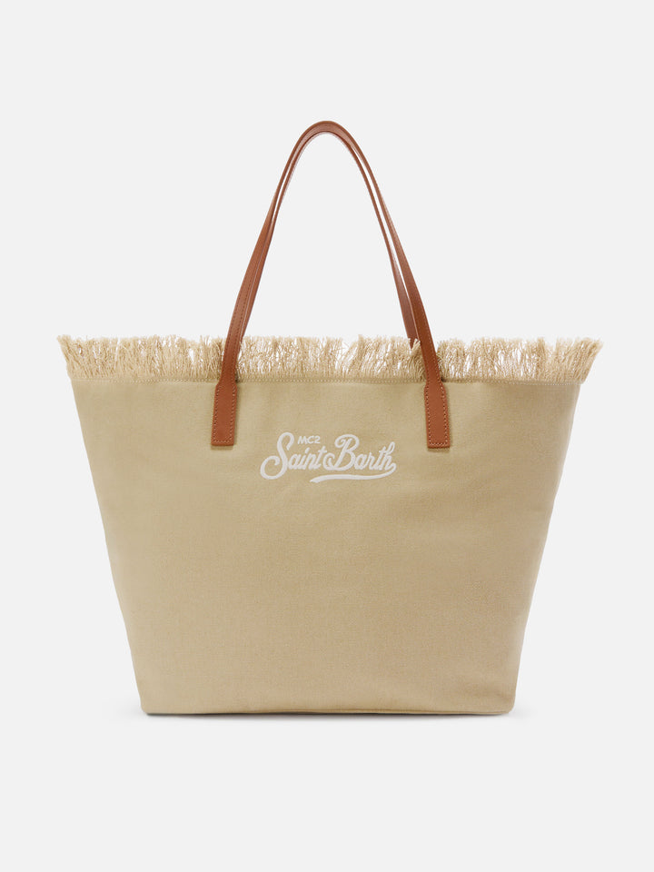 Borsa City regular in canvas beige con frange