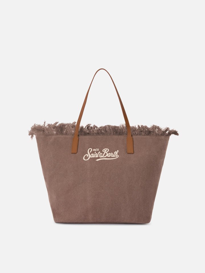 Borsa City regular in canvas marrone con frange