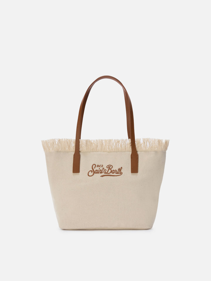 White medium City canvas shopper bag with fringes