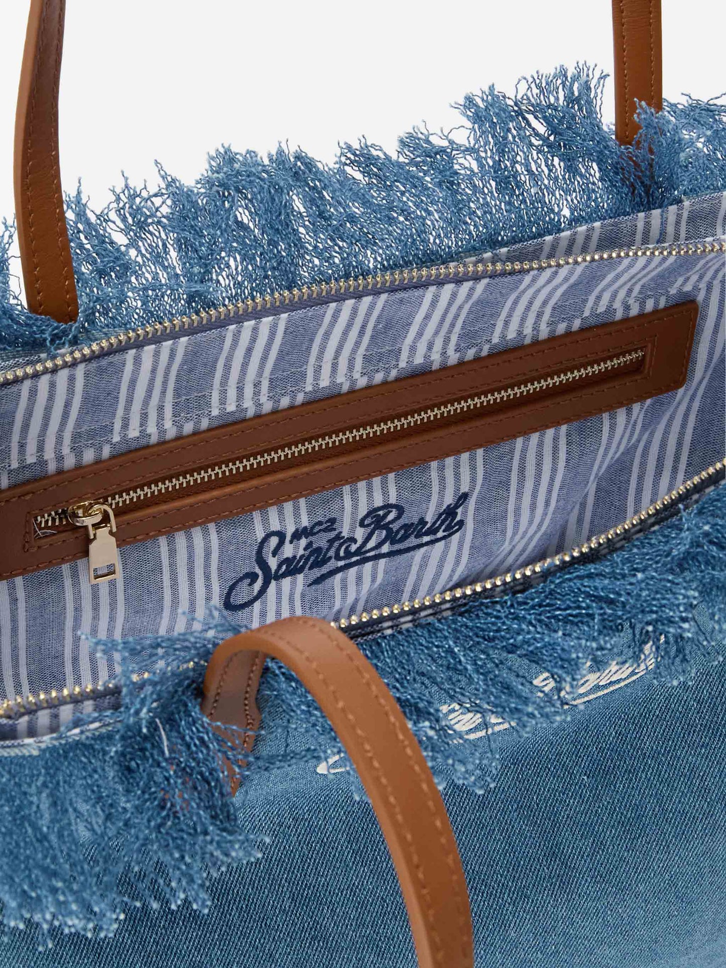 Borsa shopper City medium in tessuto denim con frange