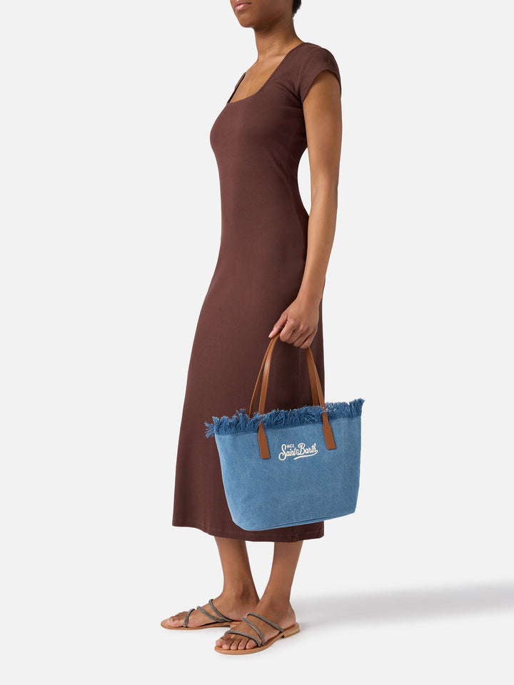 Medium City shopper bag in denim fabric with fringes