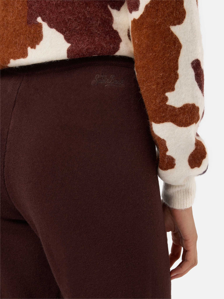 Cambon palazzo trousers in pure wool brown high waist with drawstring