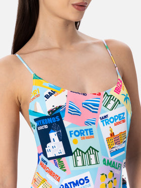 Woman one-piece swimsuit Cecille with postcards print