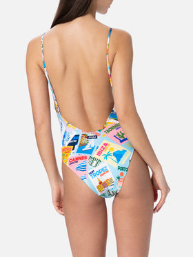 Woman one-piece swimsuit Cecille with postcards print