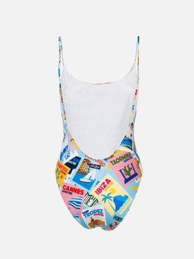 Woman one-piece swimsuit Cecille with postcards print